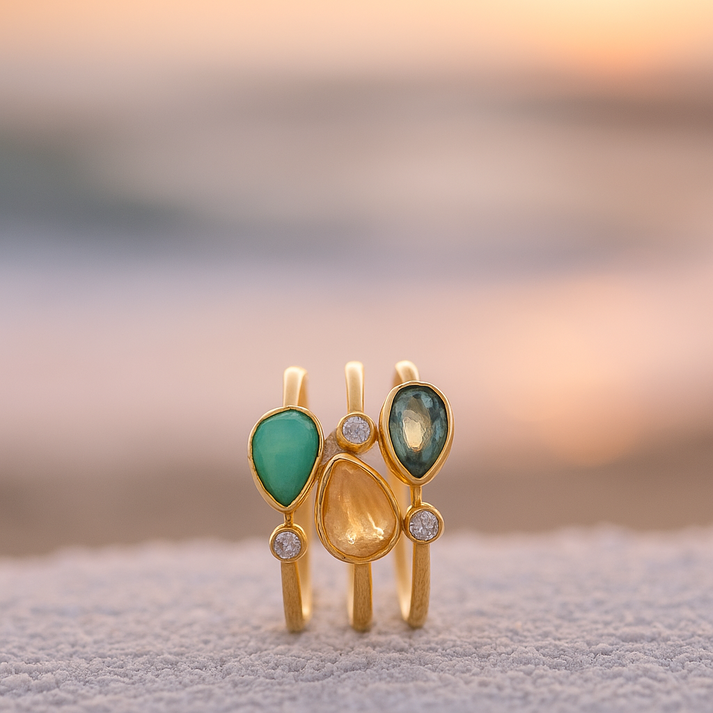 Tris di Onde – Forgyldt messingring med farverige zirkonia