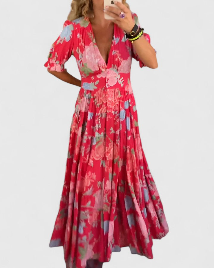 Minelda | Elegant Blomster V-hals Kjole