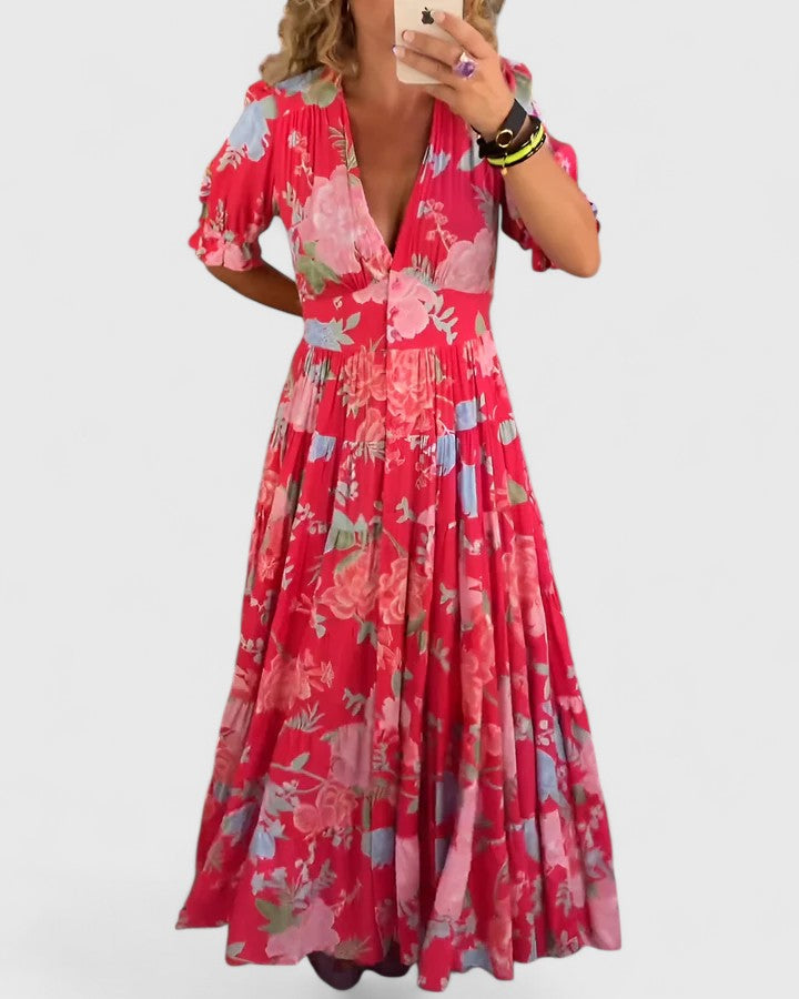 Minelda | Elegant Blomster V-hals Kjole